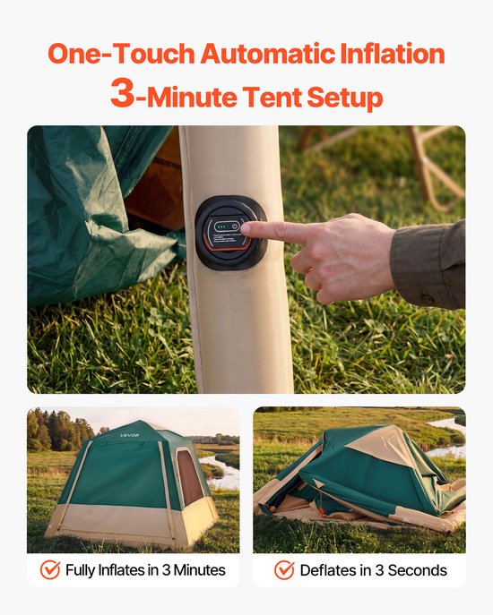 VEVOR Campingtent voor 4 Personen, Opblaasbare Familietent met Oplaadbare Pomp, Tpu-Luchtslang en 5 Gaasramen, Cabinetent met Draagtas voor Gezinskamperen en Wandelen, Groen van Vevor — afbeelding 5