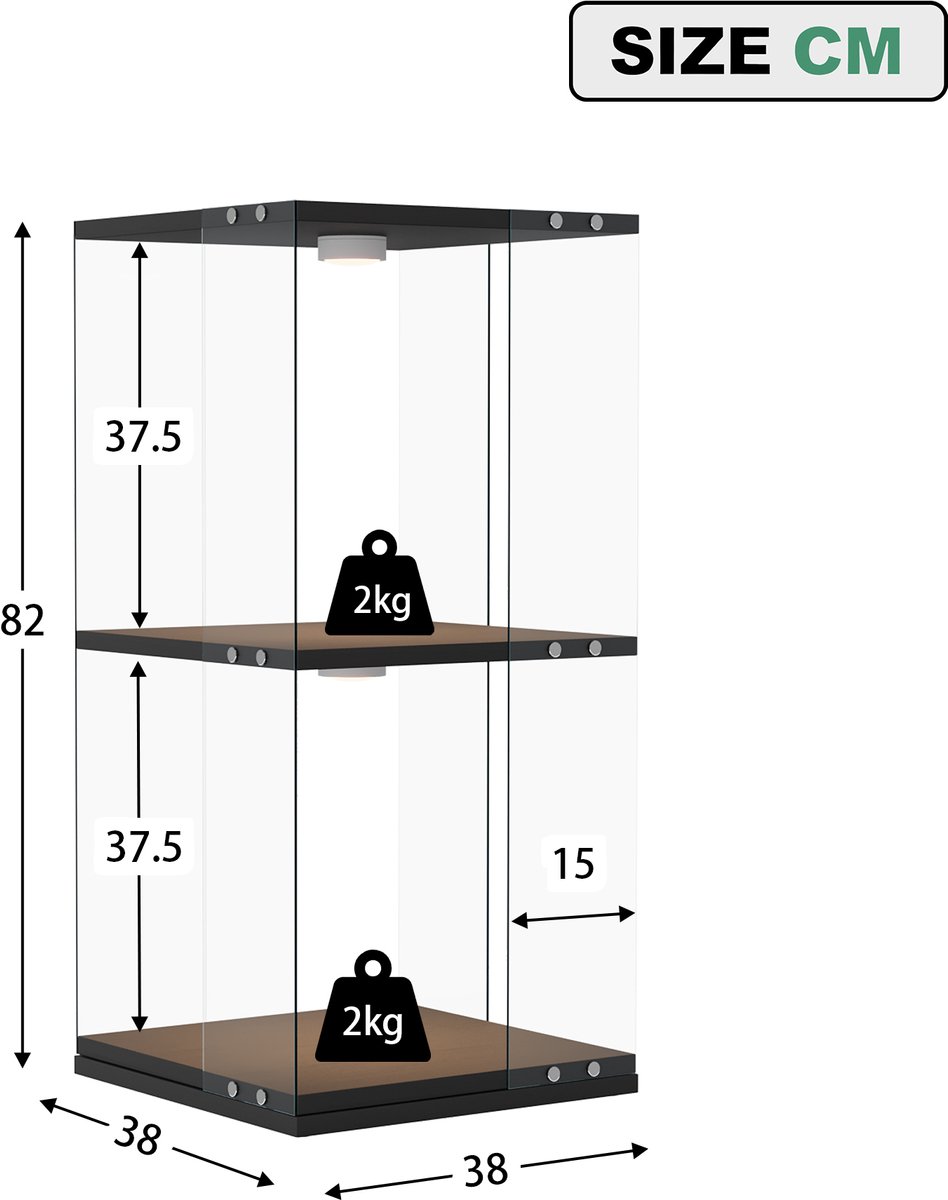 Draaibare vitrinekast 360° 38×38×82cm, 2 lagen, zwart glas, RGB LED-verlichting, kantelbeveiliging