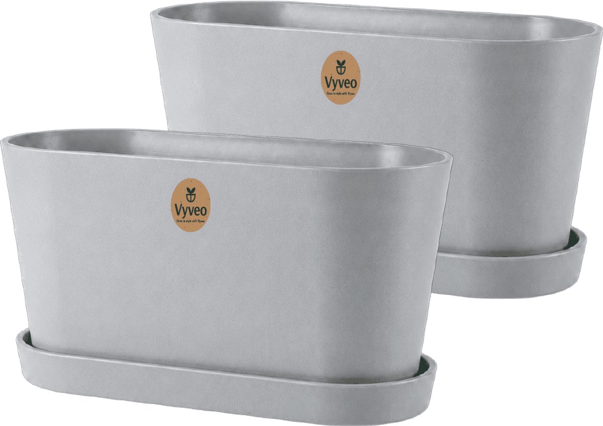 Vyveo - Bloempot Varda met onderzetter - Set van 2 - 32x13x14 - Lichtgrijs - Bloempot voor binnen en buiten - Lichtgewicht - Breukbestendig - Vorstbestendig - UV-bestendig