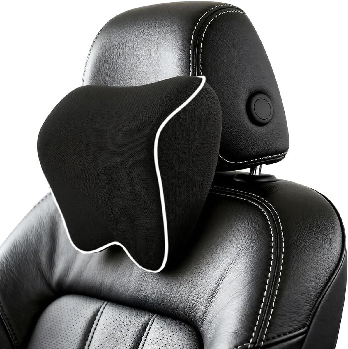 Gordelverlenger voor auto - Zwart met witte afwerking - Orthopedisch hoofdsteunkussen van traagschuim - Nek- en schoudersteun voor kinderen