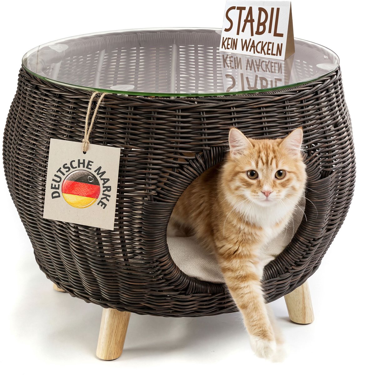 Salontafel met kattenmand, bijzettafel, hout, rotan woonkamertafel met dierenbed en wasbaar kussen, keuze uit 2 modellen Kingpower
