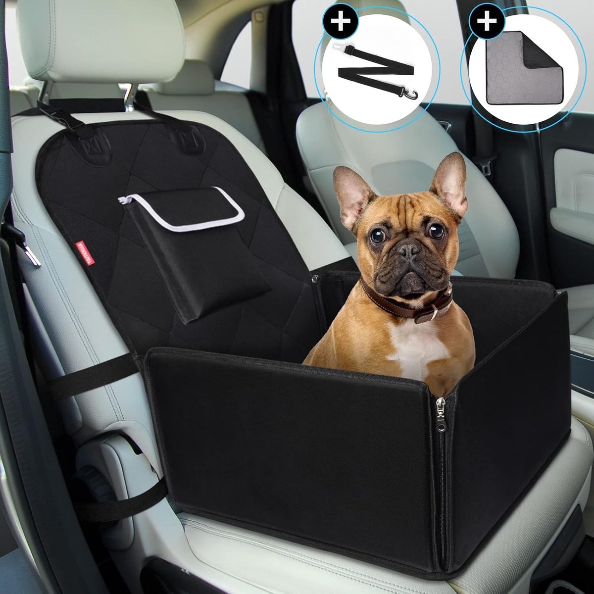 Hondenautostoel - Zwart - Waterdichte Bescherming voor Kleine tot Middelgrote Honden - Met Veiligheidsgordel en Antislip Onderkant