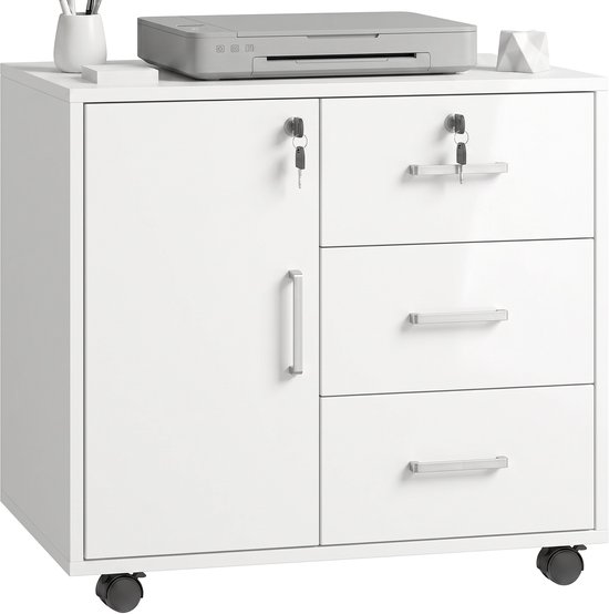 Witte archiefkast met 3 laden en 1 deur, voorzien van sloten en wieltjes. Bovenop staan een printer en decoratie.