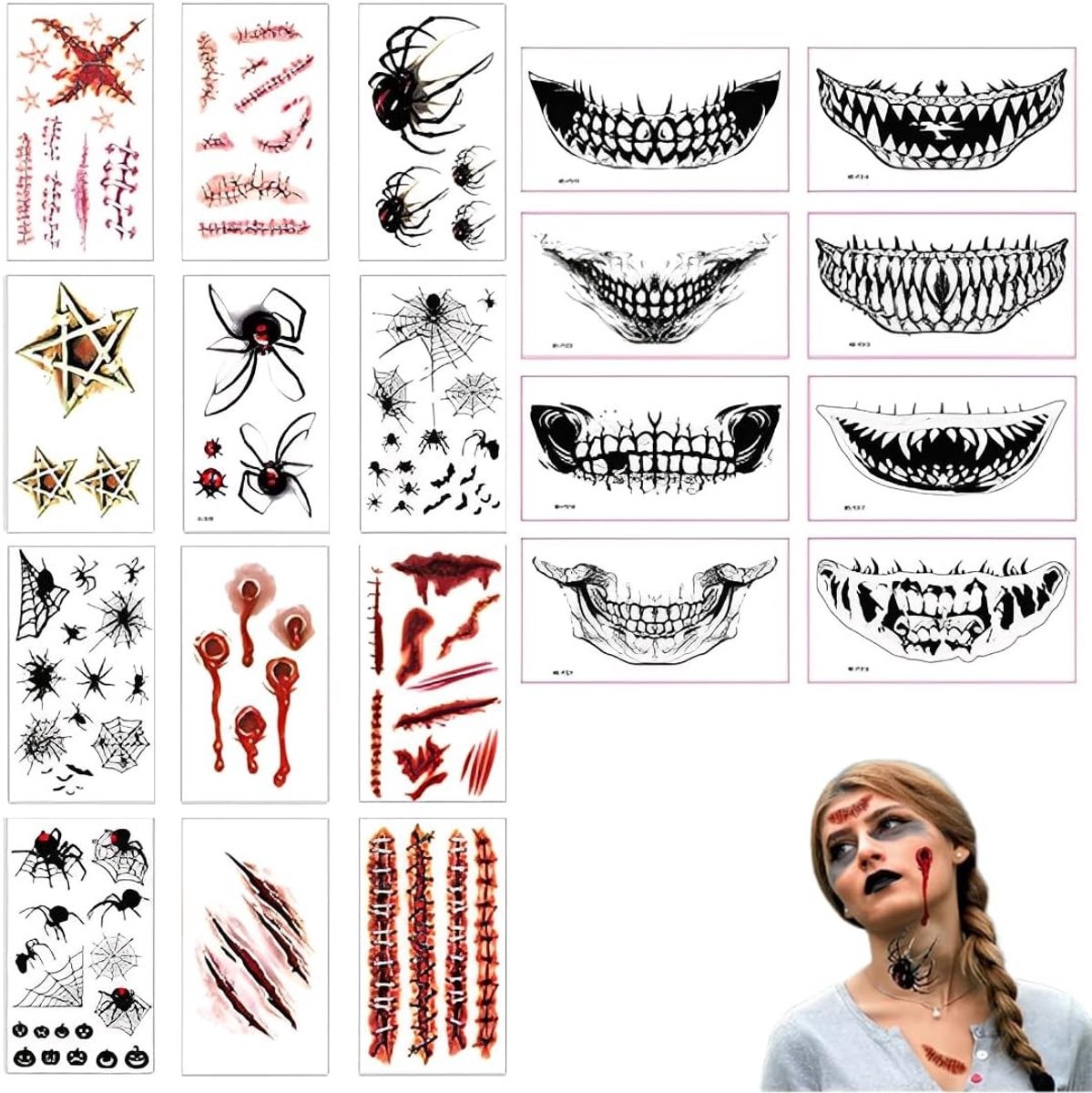 Halloween Tattoos voor Kinderen en Volwassenen - Nep Tattoos voor Kostuums, Zombie en Vampier Make-up Accessoires voor Feestjes en Horror Thema's