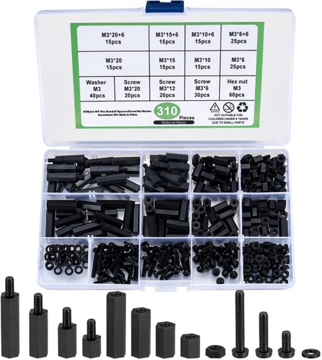 Schroeven M3 Nylon - 310 Stuks - Afstandhouders - Betrouwbaar en Duurzaam - Corrosiebestendig - Slijtvast - Ideaal voor Doe-Het-Zelf - Bevestigingsmateriaal