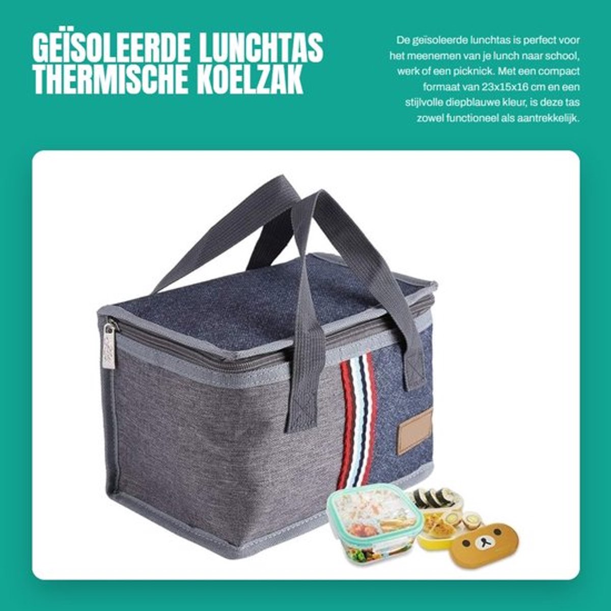 Lunchtas Geïsoleerd - Draagbaar 23x15x16 cm - Thermische Koelzak - Oxford-stof - Aluminiumfolie - Diep Blauw - Koeltas