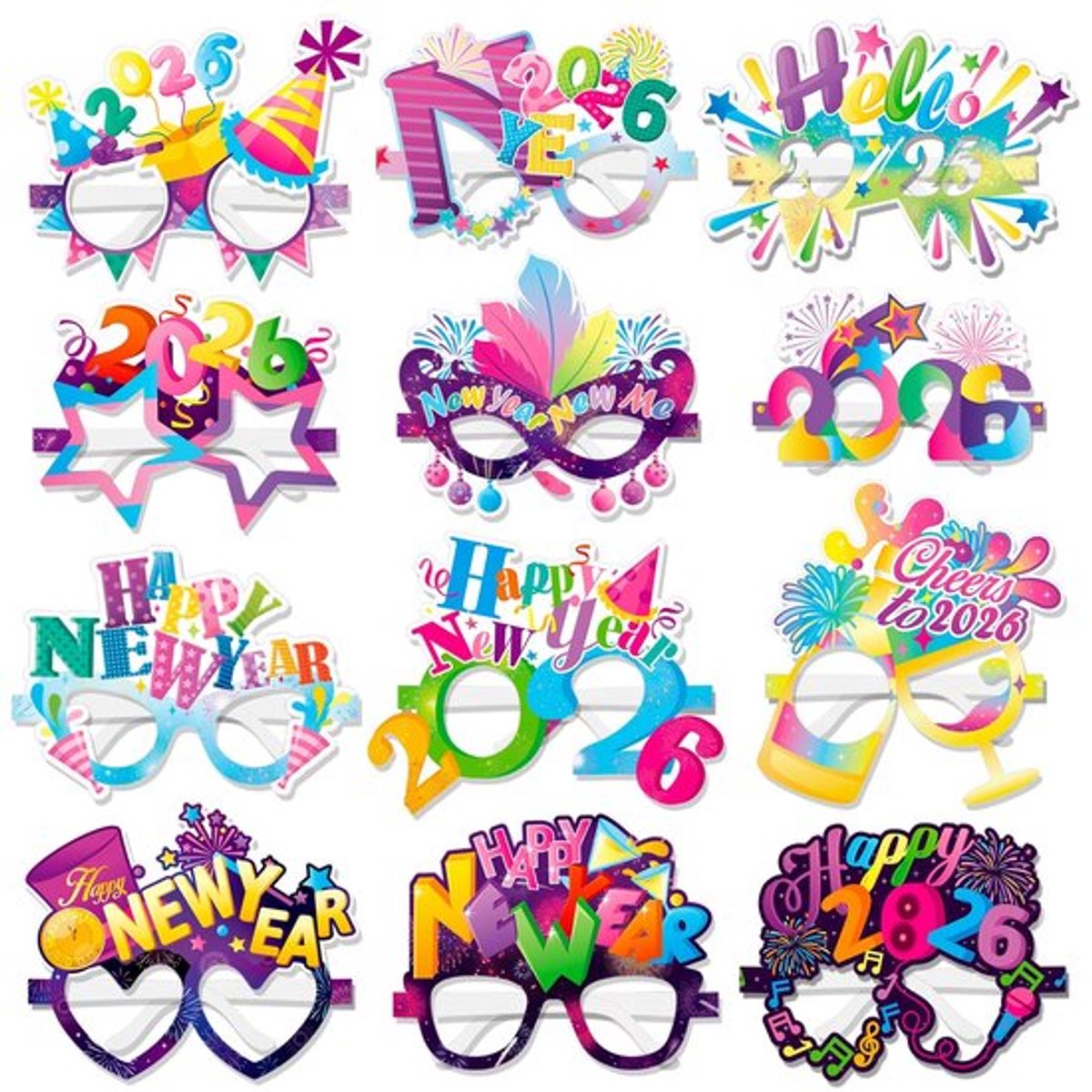 Nieuwjaarsbril 24 Stuks - Feestbril - Papieren Bril - Foto Props - Oudejaarsavond Decoraties - 2024 Ontwerpen