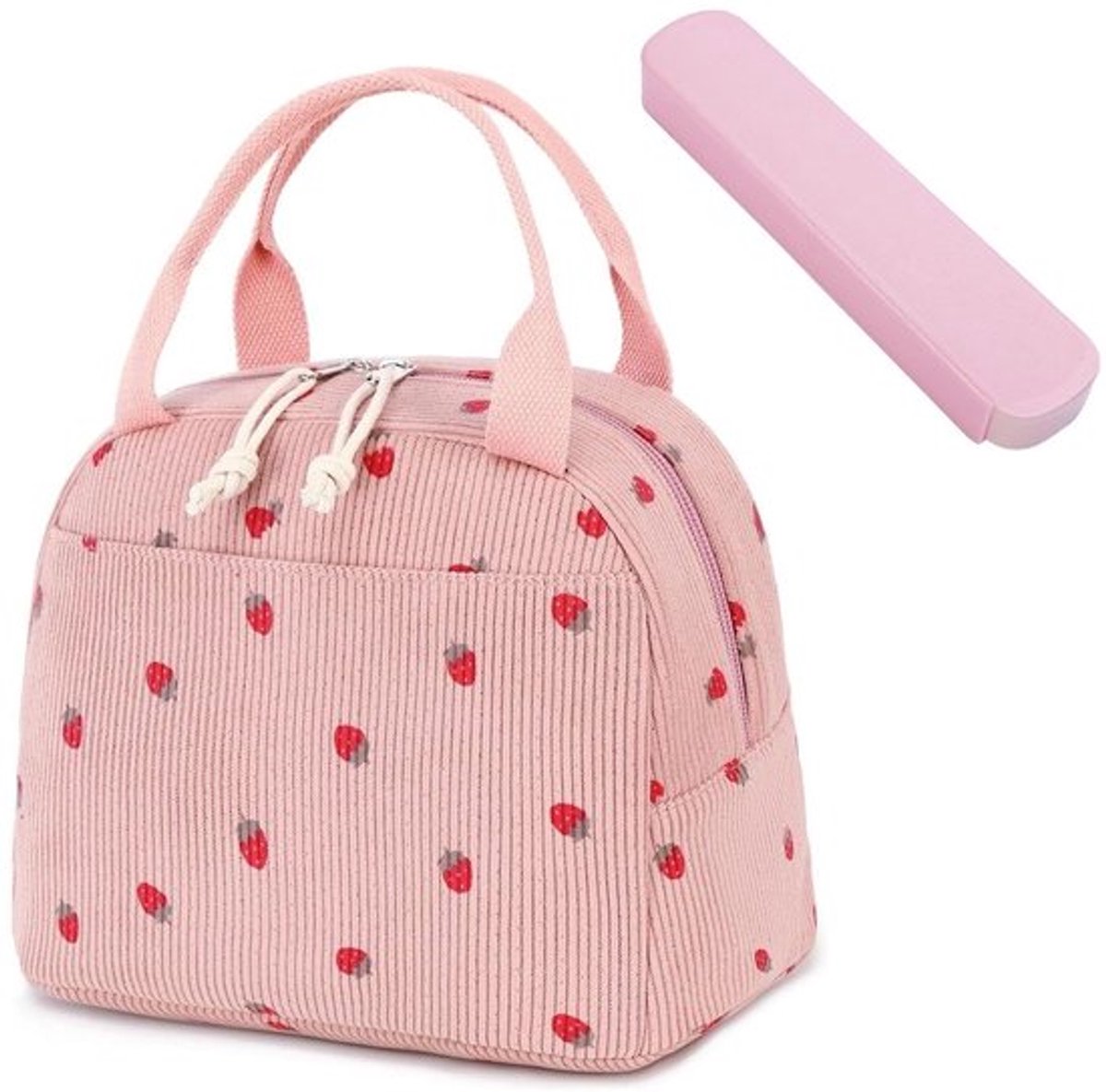 Lunchtas Aardbei - Geïsoleerd - Draagbare Bestekdoos - Roze - Corduroy Fluweel - 26 x 19 x 18 cm - Lunchbox