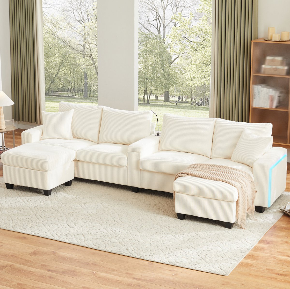 COVREO U-bank 334x128,5x81 cm beige corduroy, 2 hockers met opbergruimte