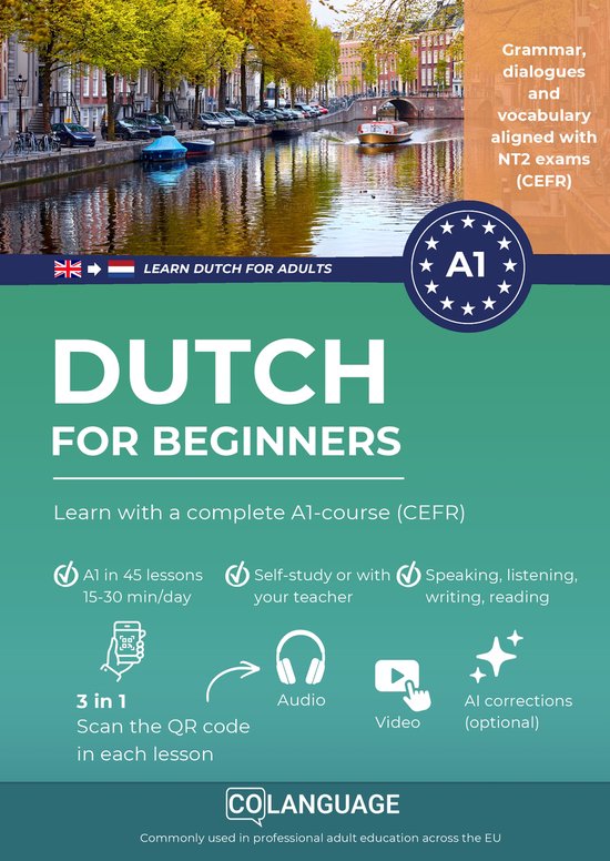 Banner met 'Dutch for Beginners': A1 cursus (CEFR), grammatica, dialogen en vocabulaire. Zelfstudie of met leraar. Audio, video en AI correcties.