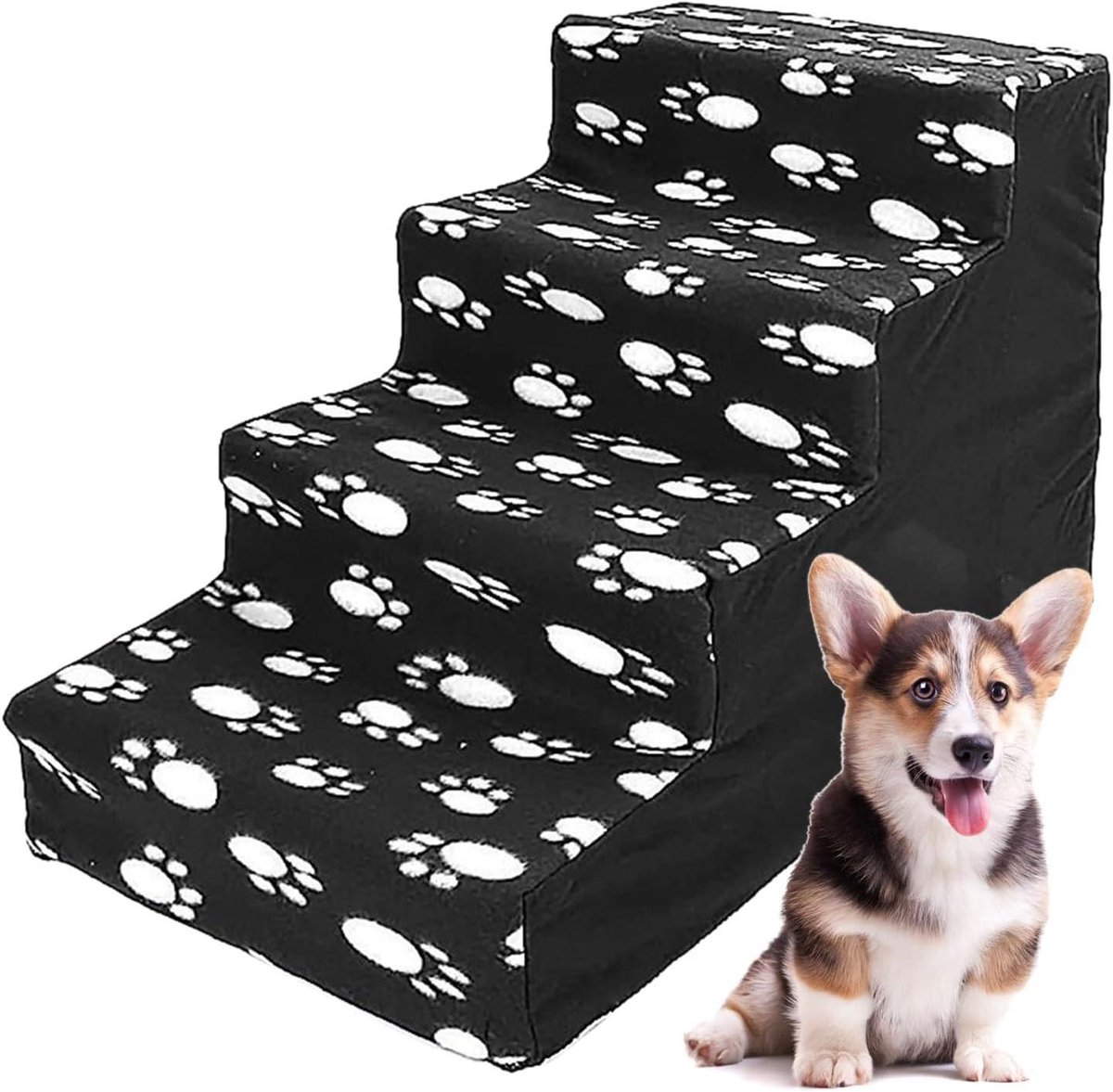 Puppytrap voor bed - Hondenladder bed - Huisdieren helpen - Zachte flanellen bekleding - 4 treden - Zwart