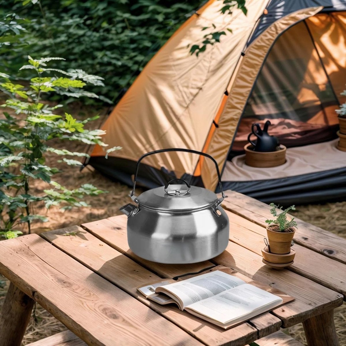 Waterkoker Roestvrij Staal - Theeketel Draagbaar - Koffie Thee Zetten - Opvouwbaar Handvat - 08 Liter - Zilver
