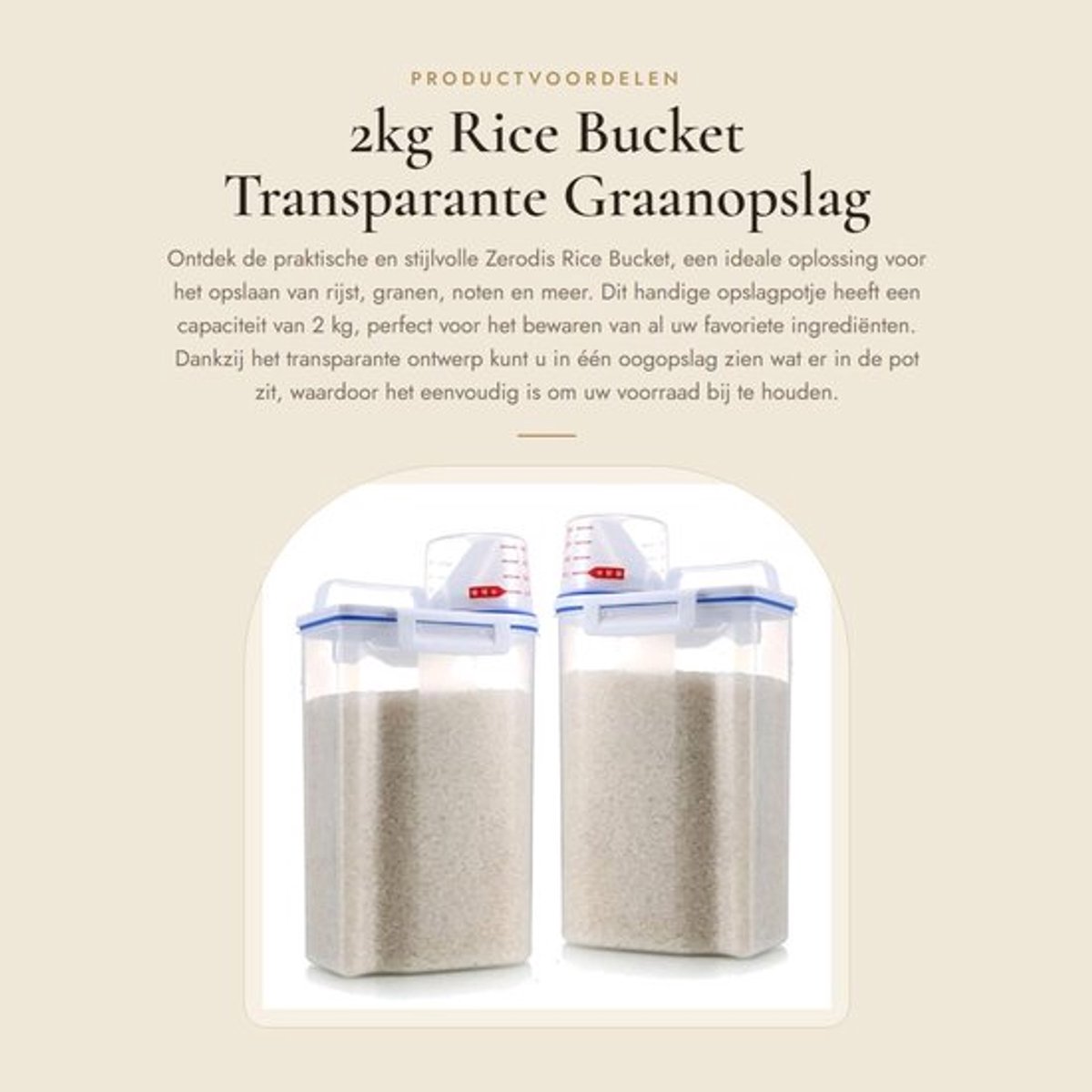 Rijstcontainer 2kg - Voedselcontainer - Voedsel bewaren - Opbergpot - Transparant ontwerp - Meetbeker deksel