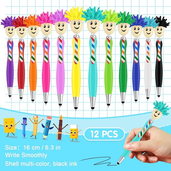 Schermreiniger - Multicolor - 12 Stuks - Microvezel Balpennen met Stylus en Mop - Voor Tablets en Mobiele Telefoons — afbeelding 2