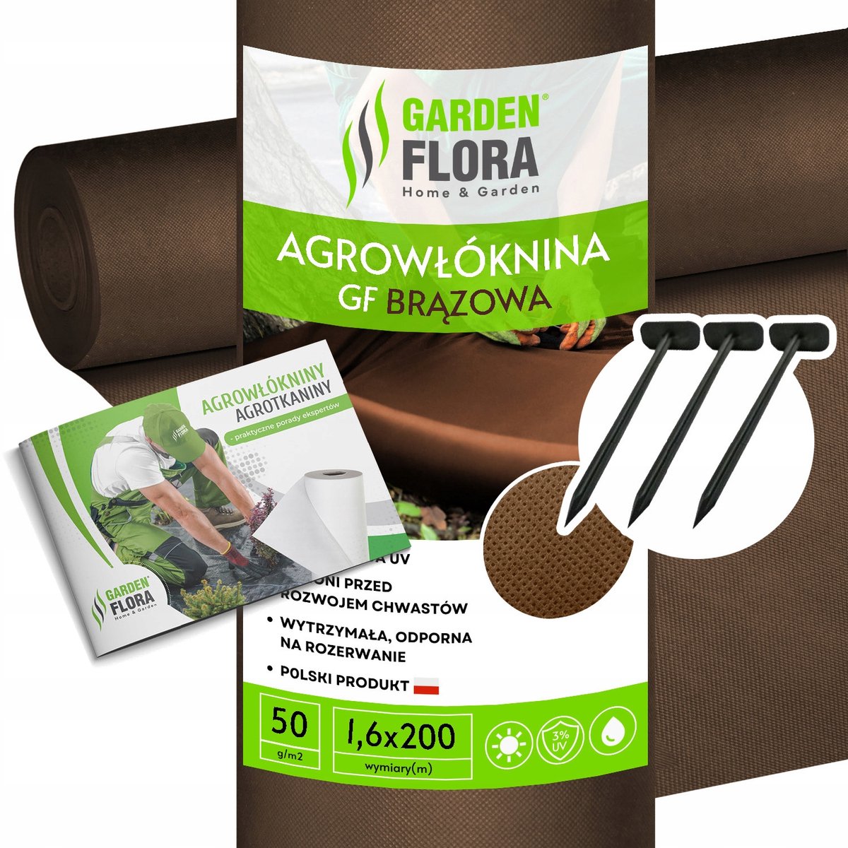 Antikruiddoek 1,6x200m 50g/m² bruin met grondpennen