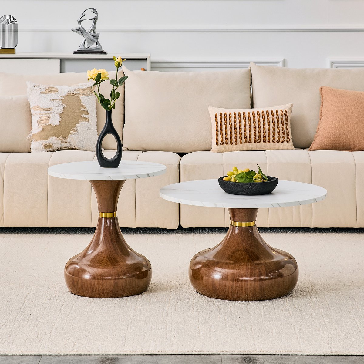 Wishdor 2-delige salontafel set - Ronde tafels met marmerlook - Nestbaar en stapelbaar - Modern design - Melamine tafelblad - Metaal - Wit en walnootkleur