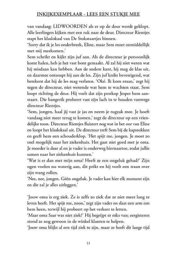 Page de texte avec le titre "INKIJKEXEMPLAAR - LEES EEN STUKJE MEE" et une partie d'une histoire.