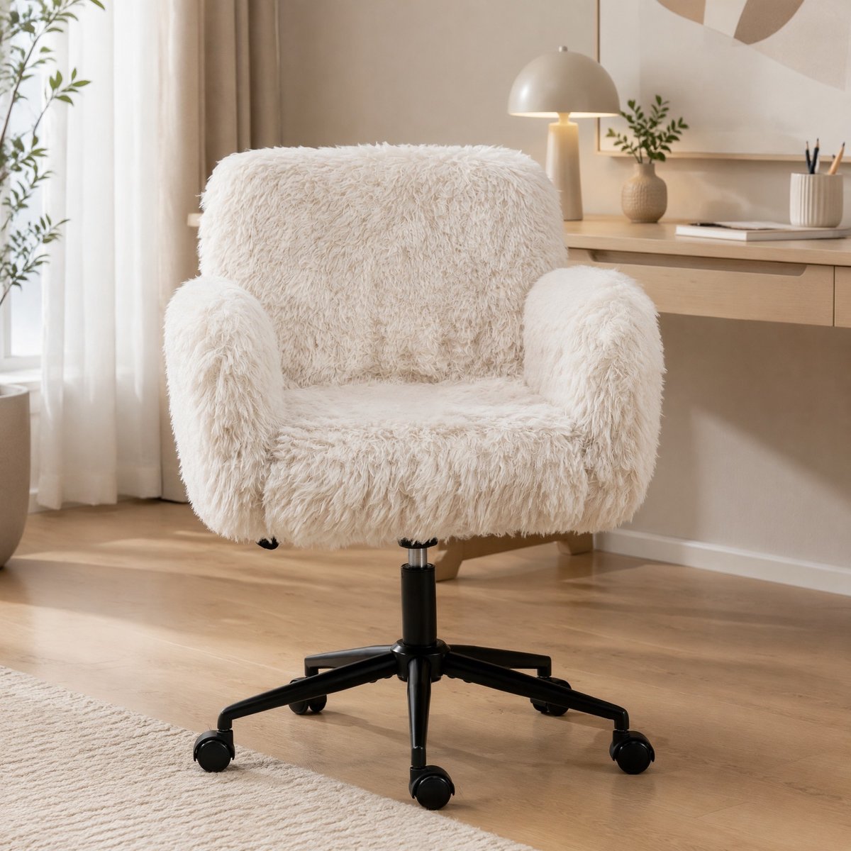 Wishdor Bureaustoel - Hoogteverstelbaar - Verstelbare armleuningen - Rollen - Draaibaar - Beige stof - 104 x 55 x 92,2 cm