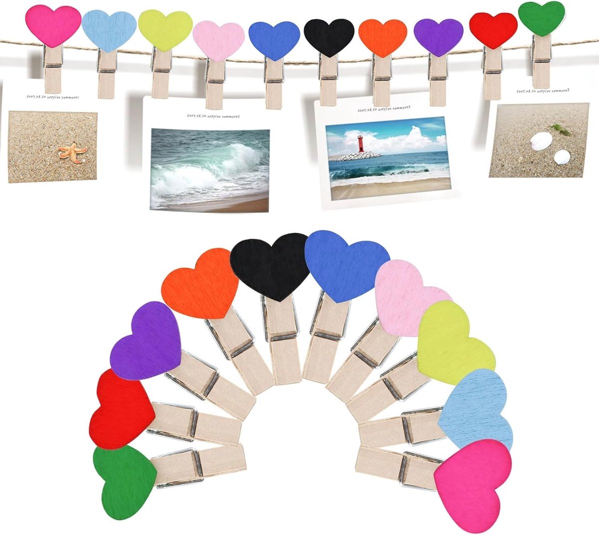Mini Houten Klemmen Set van 20 Stuks, Hartvormige Kledingknijpers met Jute Touw, Ideaal voor Foto Wand, DIY Decoratie en Bruiloft Versiering