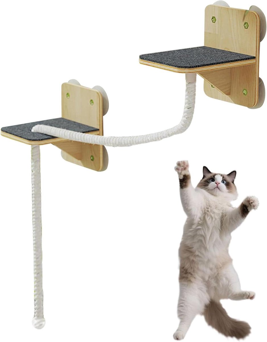 Katten Muur Planken - Klimmuur Systeem - Binnen Spelen - Zuignap Montage - 26L x 24B x 10H cm - Katoentouw