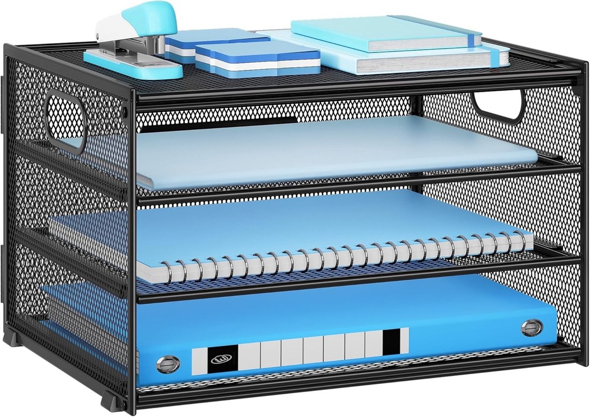Praktische Desk Organizer met 4 Niveaus, Tijdschrift Houder en Papieropslag voor Kantoor en Thuis (Zwart)