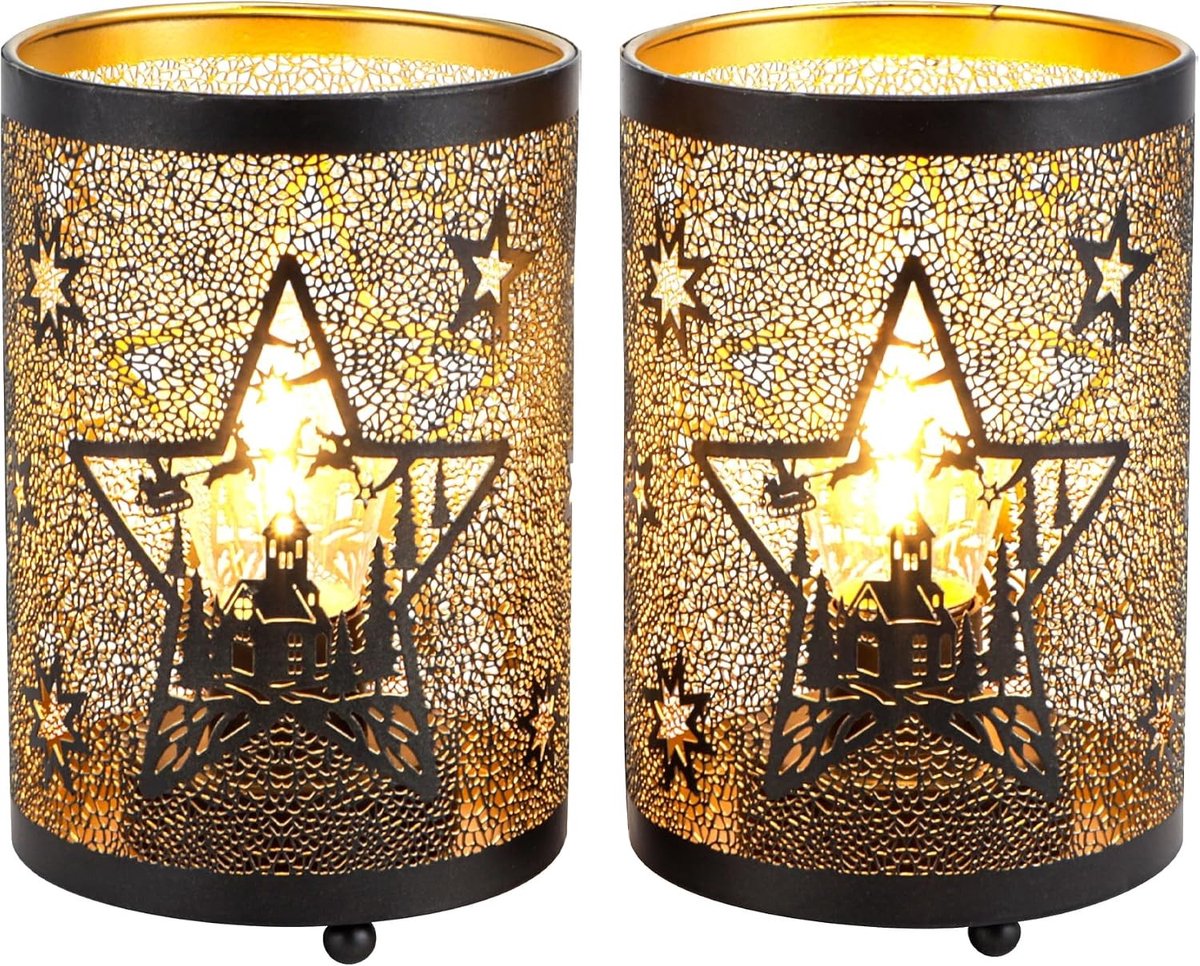 Set van 2 Metalen Tafellampen met Decoratieve Lantaarn en Ster- en Kasteelontwerp voor Woonkamer, Tuin en Feesten, Ideaal voor Binnen en Buitengebruik