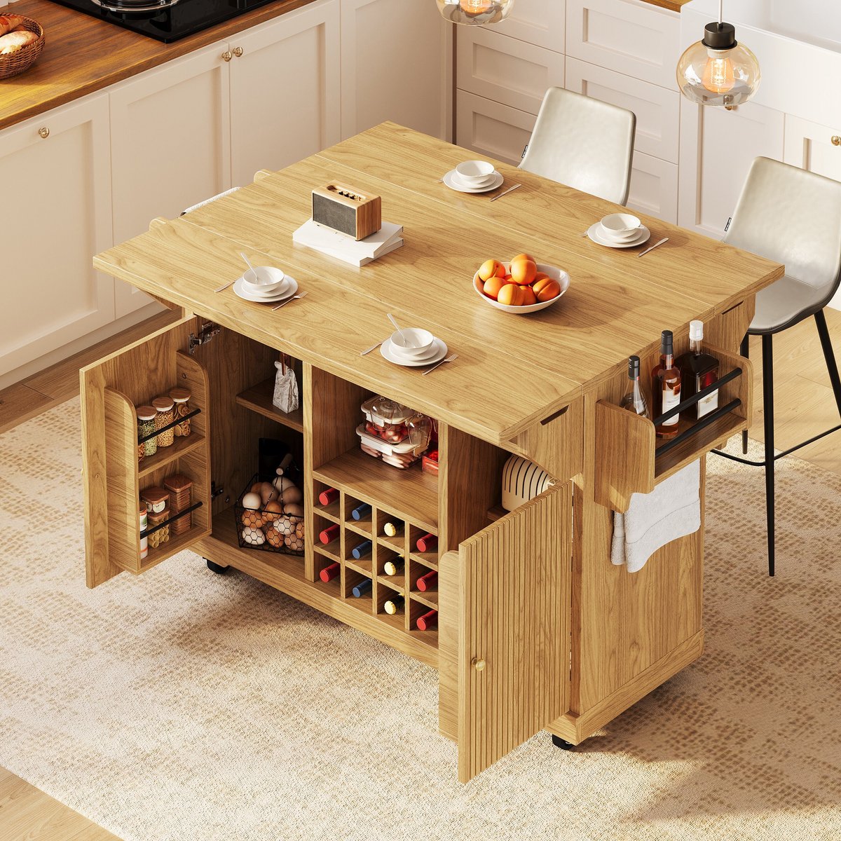 Keukenrolwagen Uitklapbaar – 142,5 x 80 x 95 cm – Metaal en MDF – Naturel Hout – Met Opbergruimte
