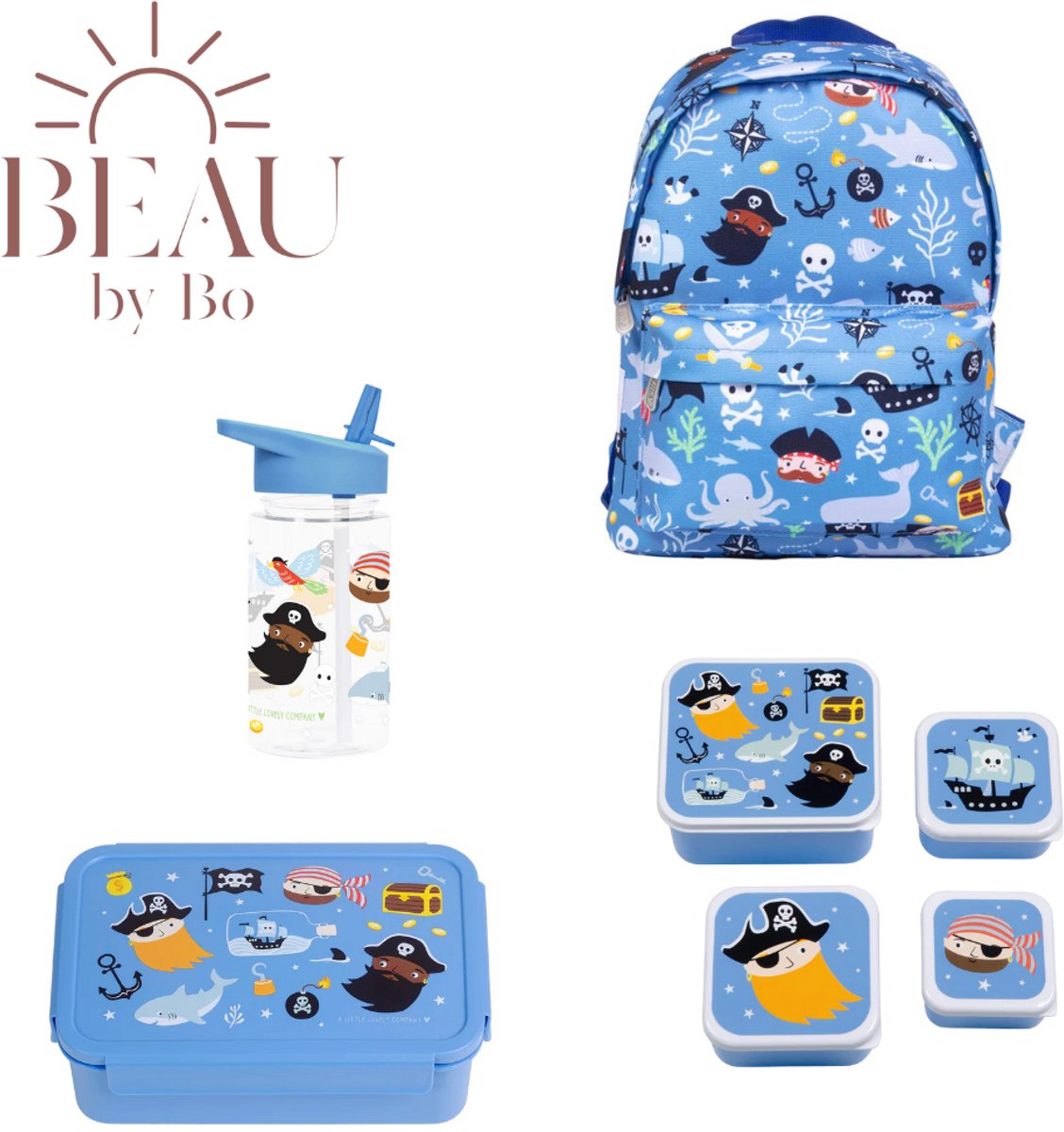 Bundel A Little Lovely Company Back to school set - Rugzak/Drinkfles/4 Snackdozen/Bentobox - Piraten