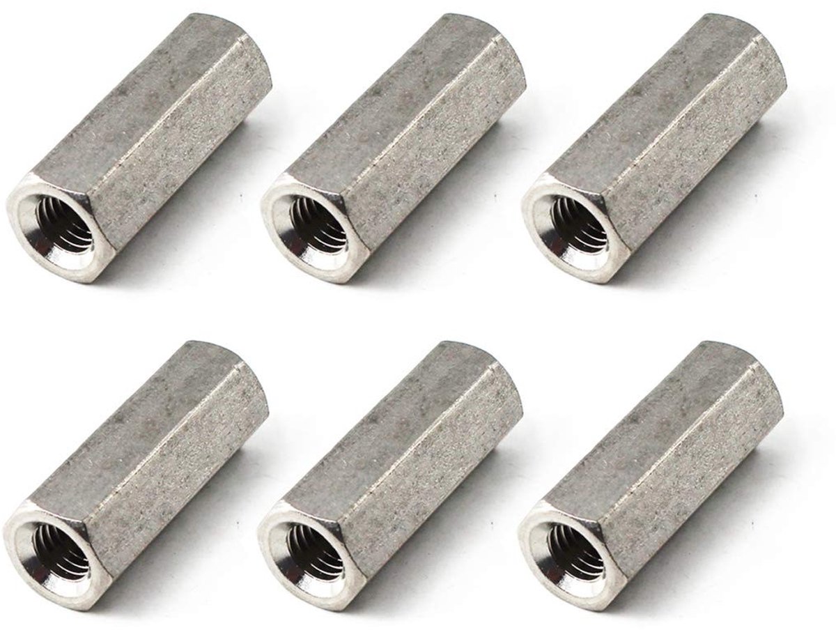 M10x17x25 Lange Hex Coupling Moer van RVS voor Stalen Stangen - Set van 6 Stuks, Duurzaam en Corrosiebestendig