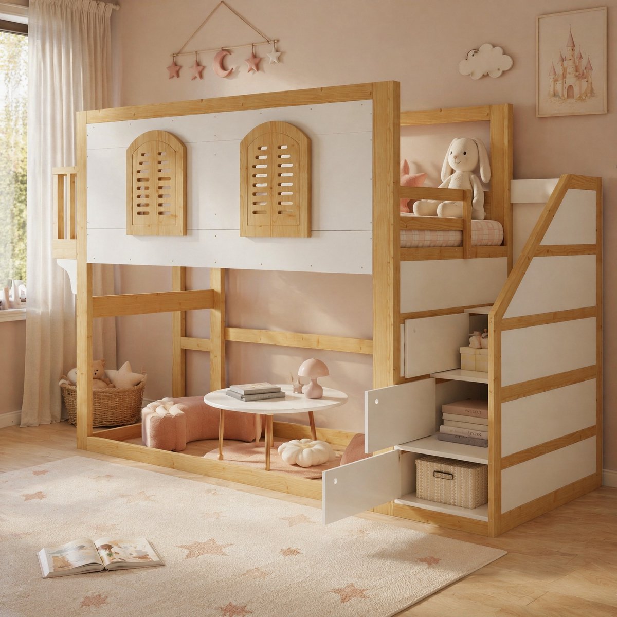 Wishdor Hoogslaper kinderbed 90x200 cm - Met treppenschrank en opbergruimte - Hout en MDF - Wit naturel
