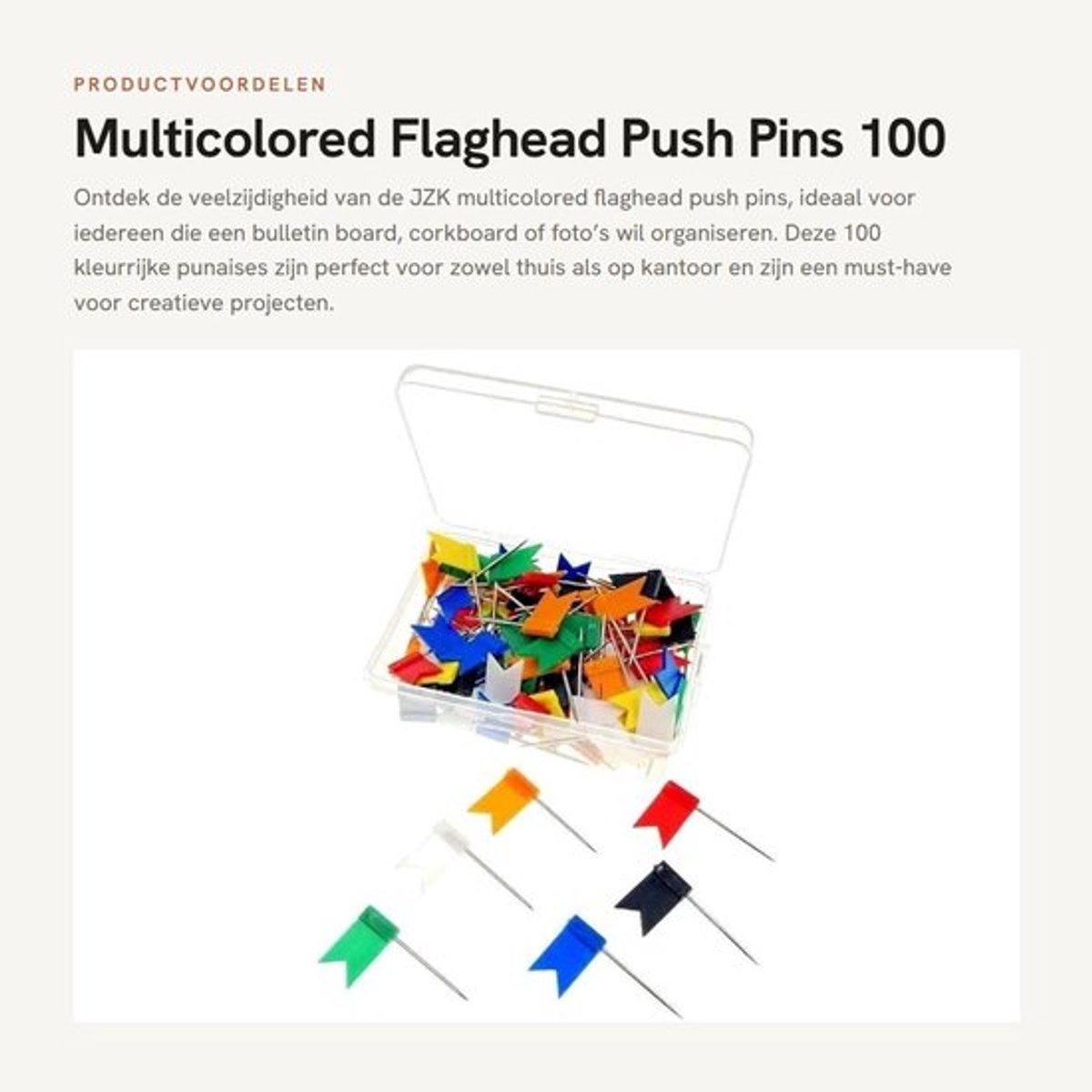 Push Pins 100 Stuks - Veelkleurige Vlaggenhoofd - Kurk/Prikbord - Opbergdoos 9x6,9x2,5 cm - Staal/Plastic - Lichtgewicht 69 g - Priknaalden