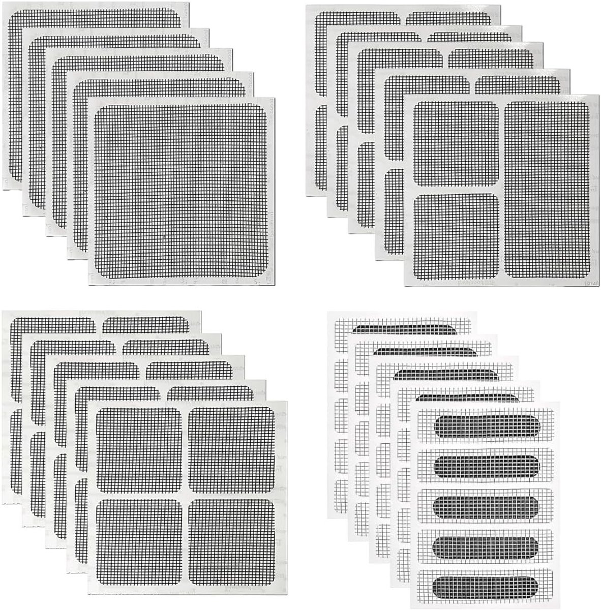 Reparatieset voor vliegengaas, 65 stuks, sterke insectenbescherming, raamreparatie en zelfklevende tape voor muggen en insecten (4 maten)