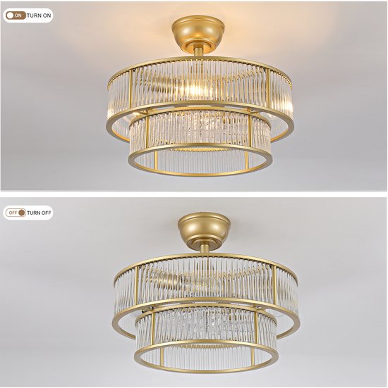 19 inch kristallen plafondventilator met dubbele verticale balk (goud) - App-bediening - 6 snelheidsstanden - Geluidsarm - ABS-bladen - Ideaal voor slaapkamer en kinderkamer — afbeelding 4
