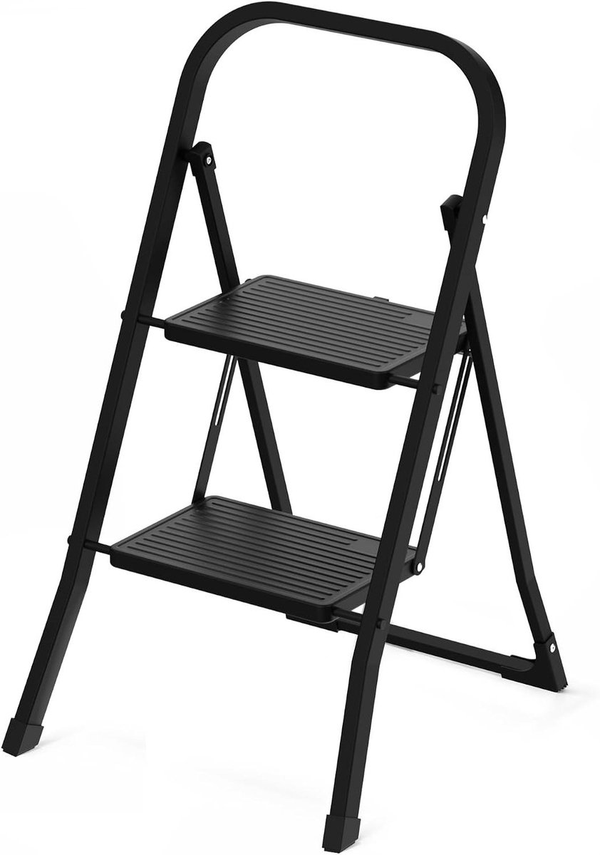 Huishoudtrap 2 treden - Keukentrap metaal - Veilig klussen thuis - Antislip treden - 3 treden - Zwart