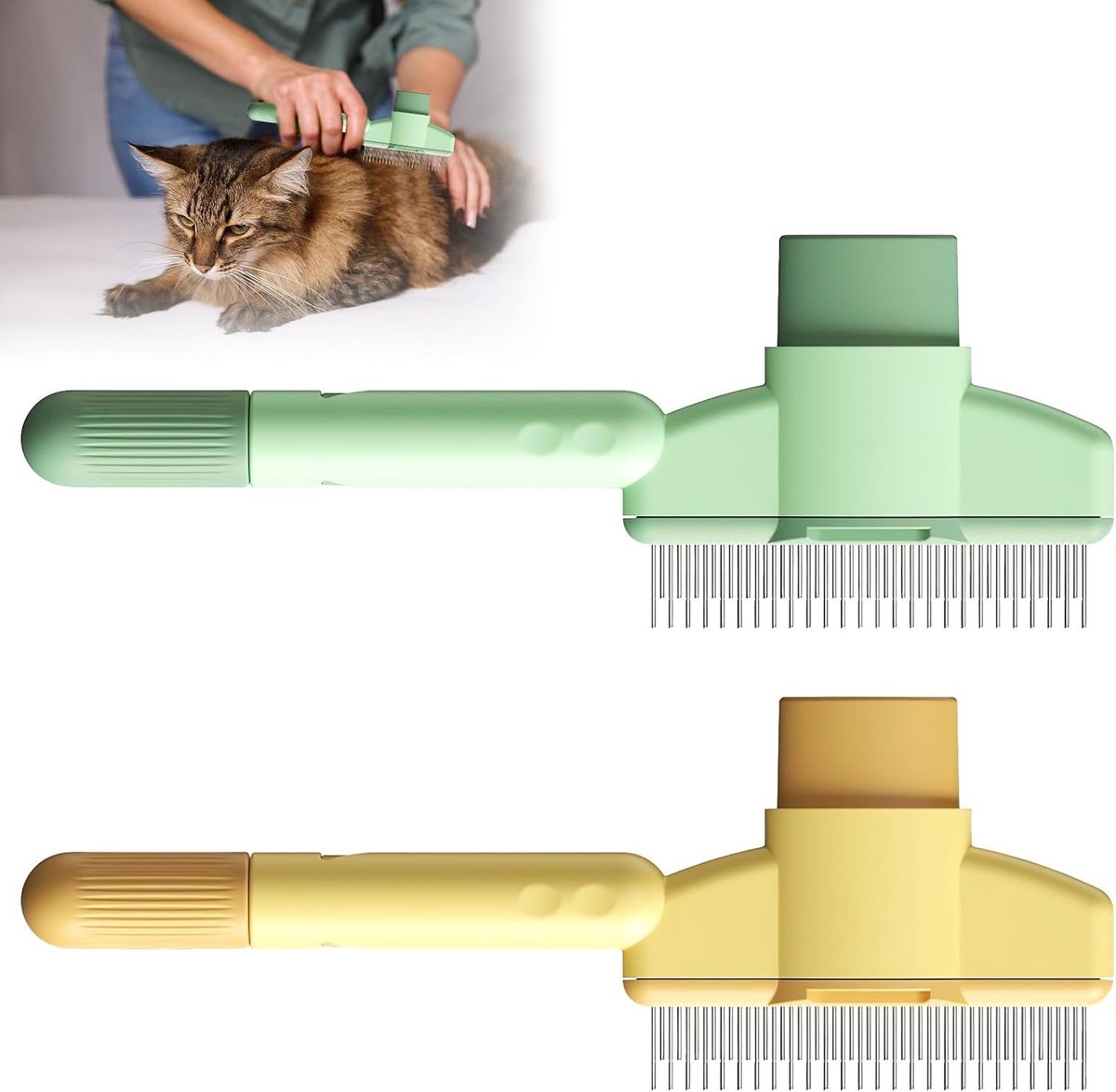 Set van 2 haarborstels voor katten met ontgrendelknop en vlooienkam, ideaal voor vilten vacht en vachtverzorging van lange en kortharige huisdieren