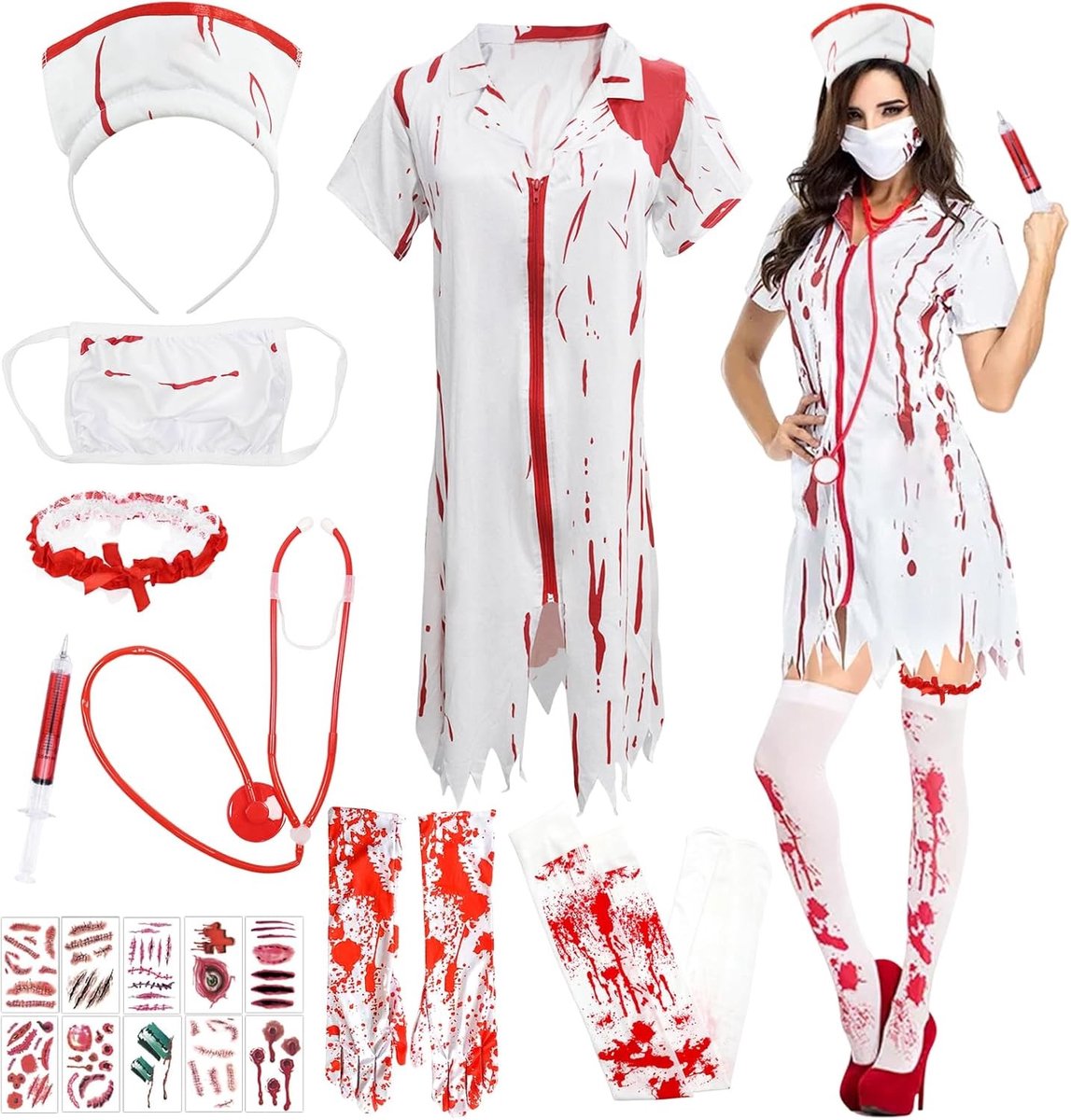 Dodenverpleegkundige Kostuum voor Vrouwen - 9-delige Zombie Outfit met Kousen, Hoofdband en Tatoeages voor Halloween en Carnaval Feestjes