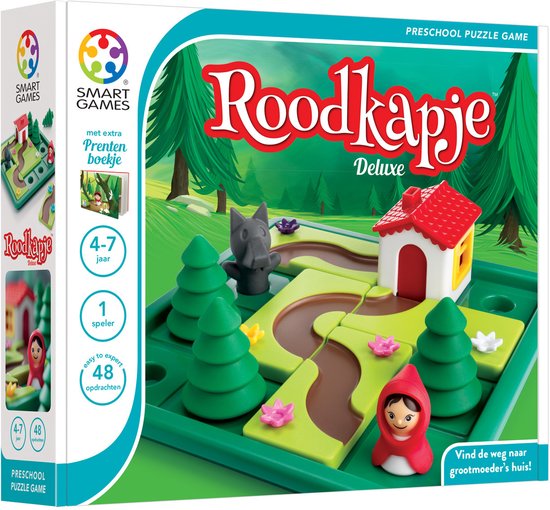 Doos van SmartGames Roodkapje Deluxe, een voorschools puzzelspel met rode kap, wolf, huisje en bomen op een groen speelbord.