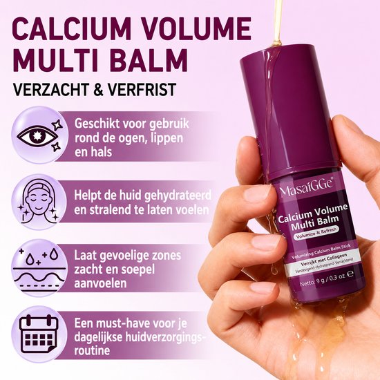 Paars product "Calcium Volume Multi Balm" met de tekst "VERZACHT & VERFRIST" en iconen voor ogen, gezicht, zones en kalender.