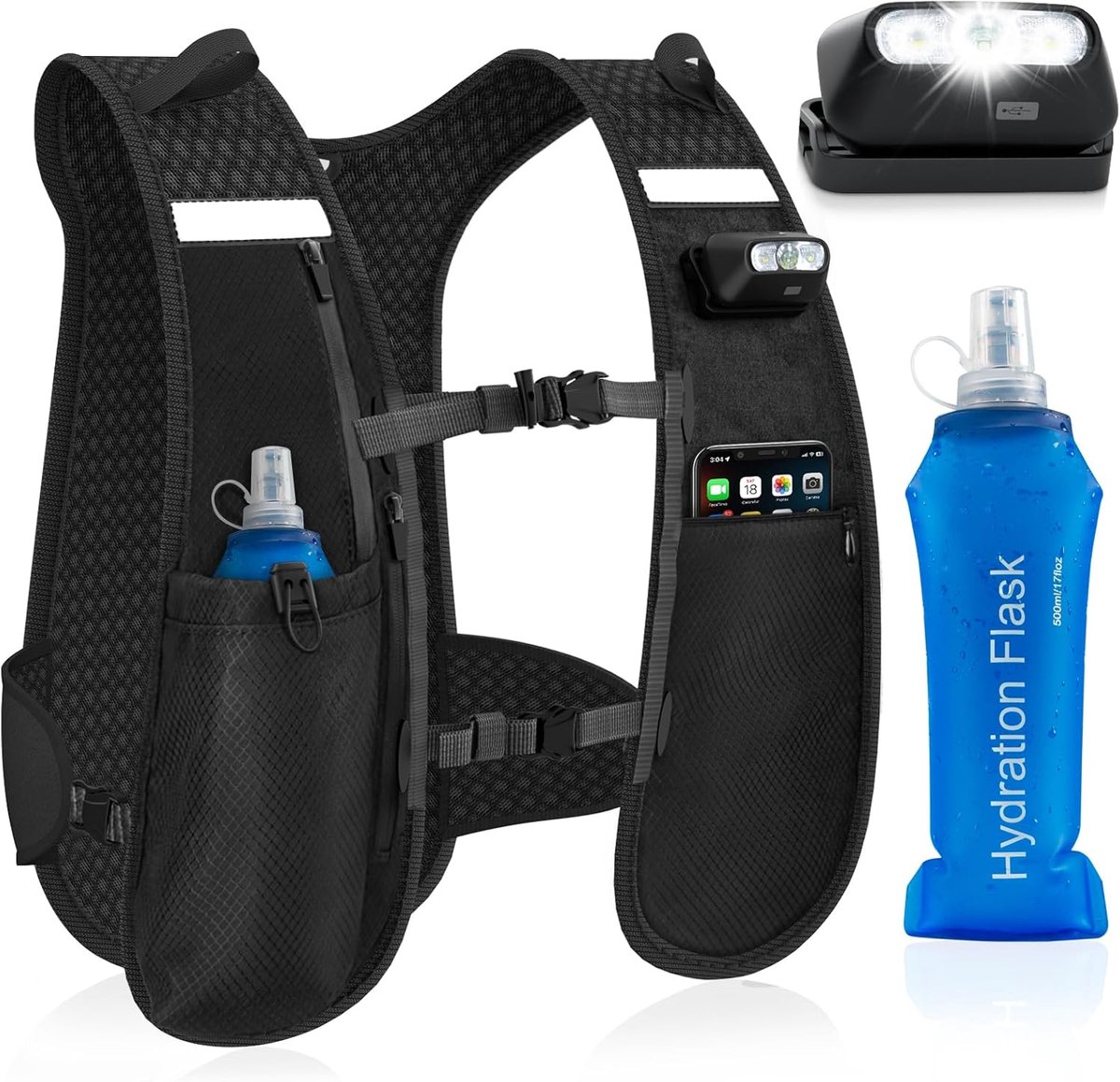Hardloopvest met Waterfles 500 ml – Hardlooprugzak met Telefoonhouder – Verstelbaar – Reflecterend – LED-Licht – 7 Vakken – Unisex