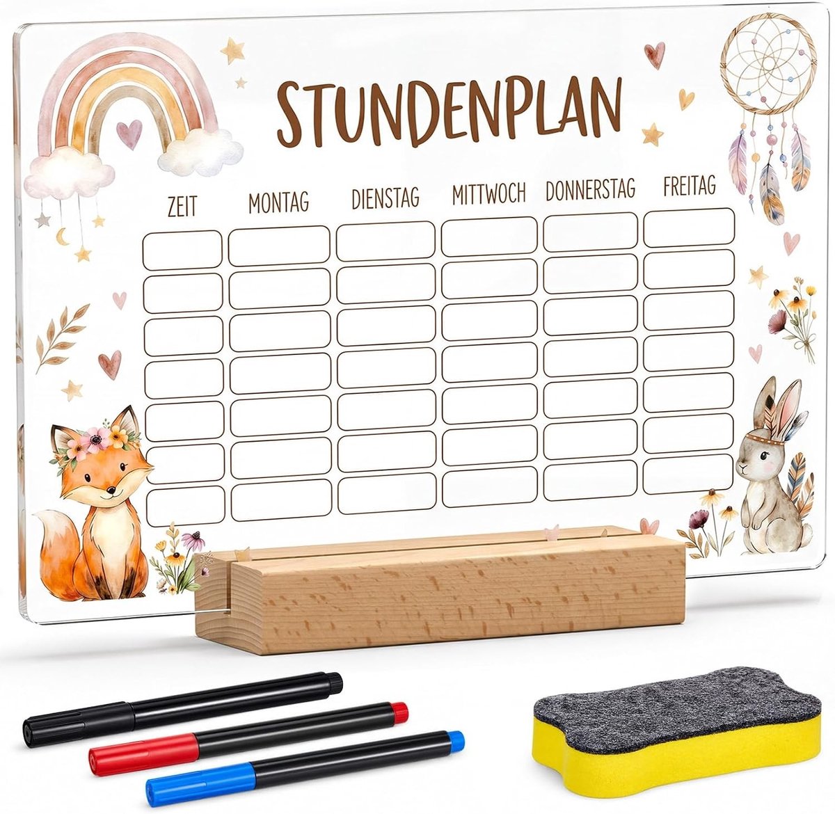 Persoonlijke Uitwisbare Acryl Rooster Planner voor Kinderen - Weekplanner met Pennen en Houten Houder, Perfect Cadeau voor het Begin van het Schooljaar