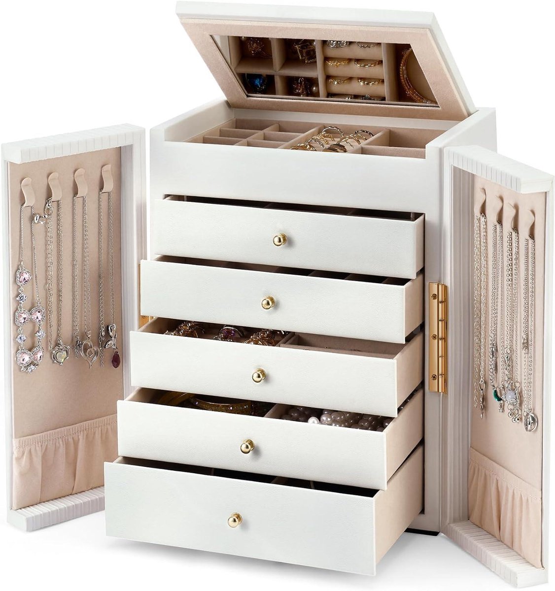 Sieradendoos - Juwelendoosje Organizer - Sieraden Opbergen - 6 Lagen Met Spiegel - 27 cm Hoog - Wit