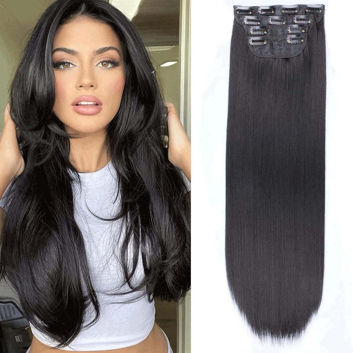 Clip-In Haarextensions 24 Inch, Steil en Vol, 4 Stuks met 11 Clips, Dubbele Weft, Synthetisch Haar voor Dagelijks Gebruik, Perfect voor Vrouwen en Volumineus Haar