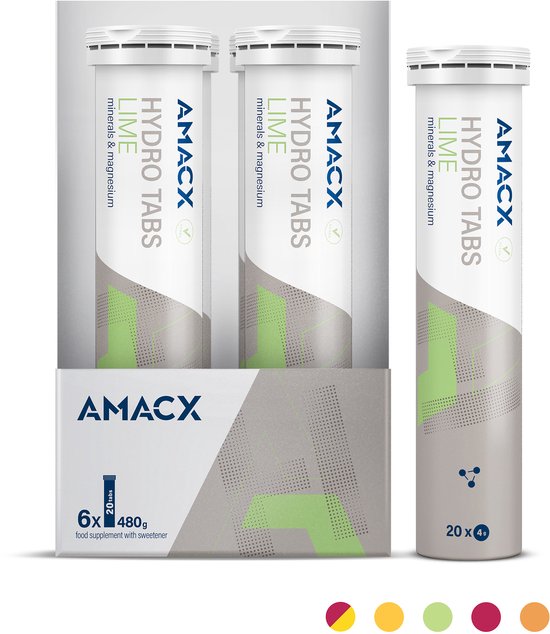 Verpakking met drie kokers Amacx Hydro Tabs met limoensmaak, met groene en grijze patronen en tekst.