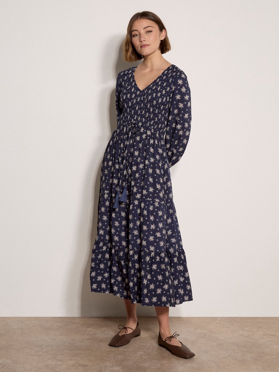 Midi-jurk met bloemenprint en smockwerk