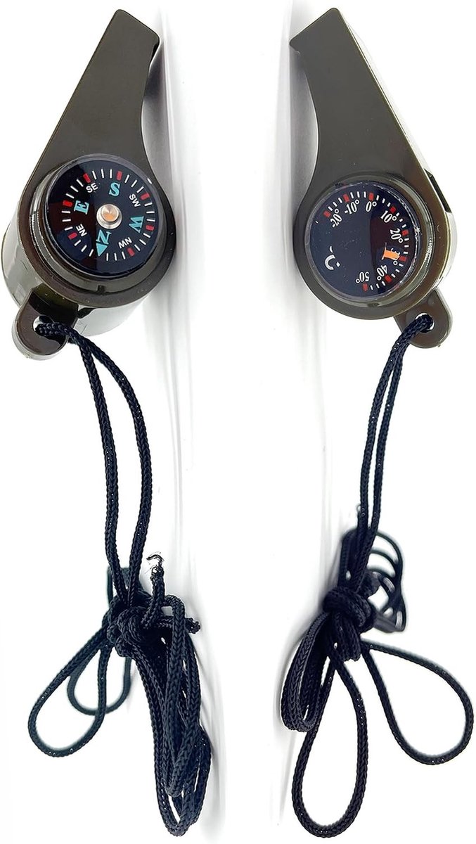 Noodfluitje met Kompas en Thermometer - Legergroen - Lichtgewicht - Kunststof - Voor Sport en Outdoor Activiteiten