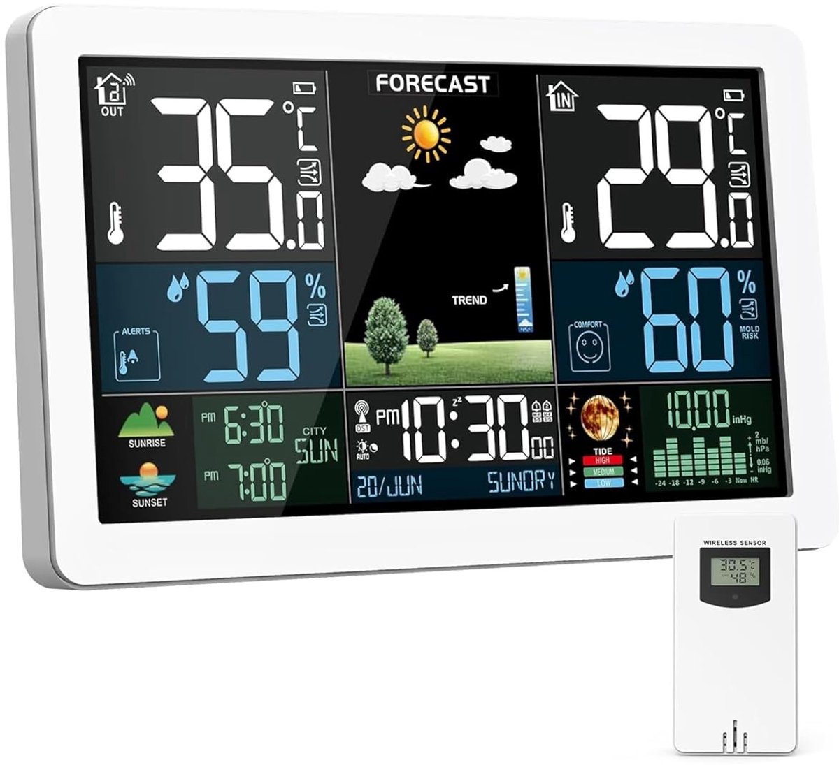 Draadloos Weerstation met Buitensensor - Wit - Voor Binnen en Buiten - Digitale Weersvoorspelling met Temperatuur en Luchtvochtigheid