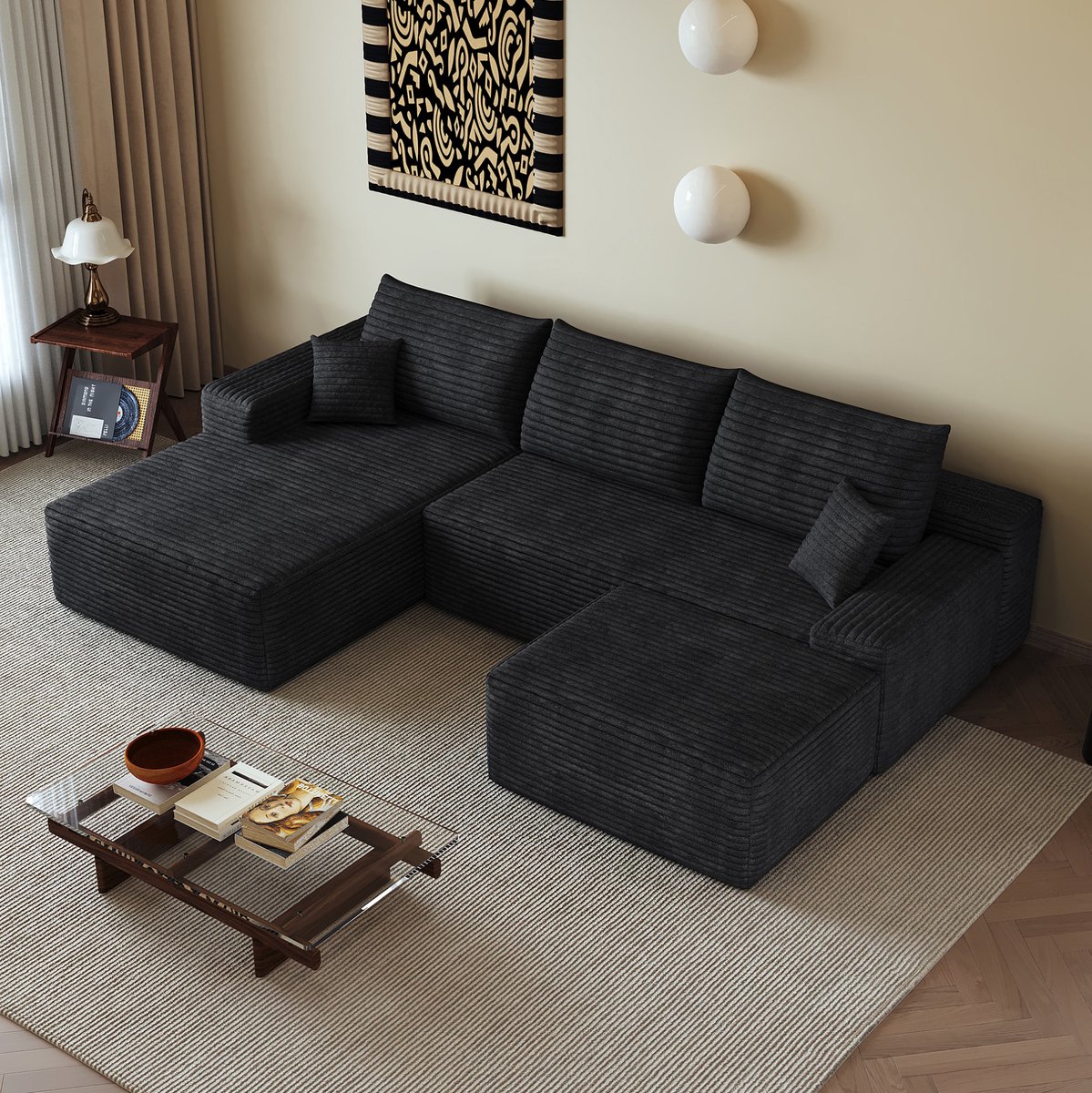 DESMIU Hoekbank 270 Cm - L Vormige Chaise Longue - Modulaire Bank Zonder Montage - Voor Woonkamer En Appartement - Stof - Zwart