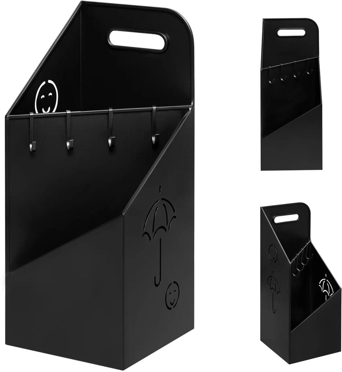 Paraplustandaard Zwart - 2 Vakken voor Verschillende Maten - Handvaten en 4 Haken - B 20 x D 20 x H 49 cm
