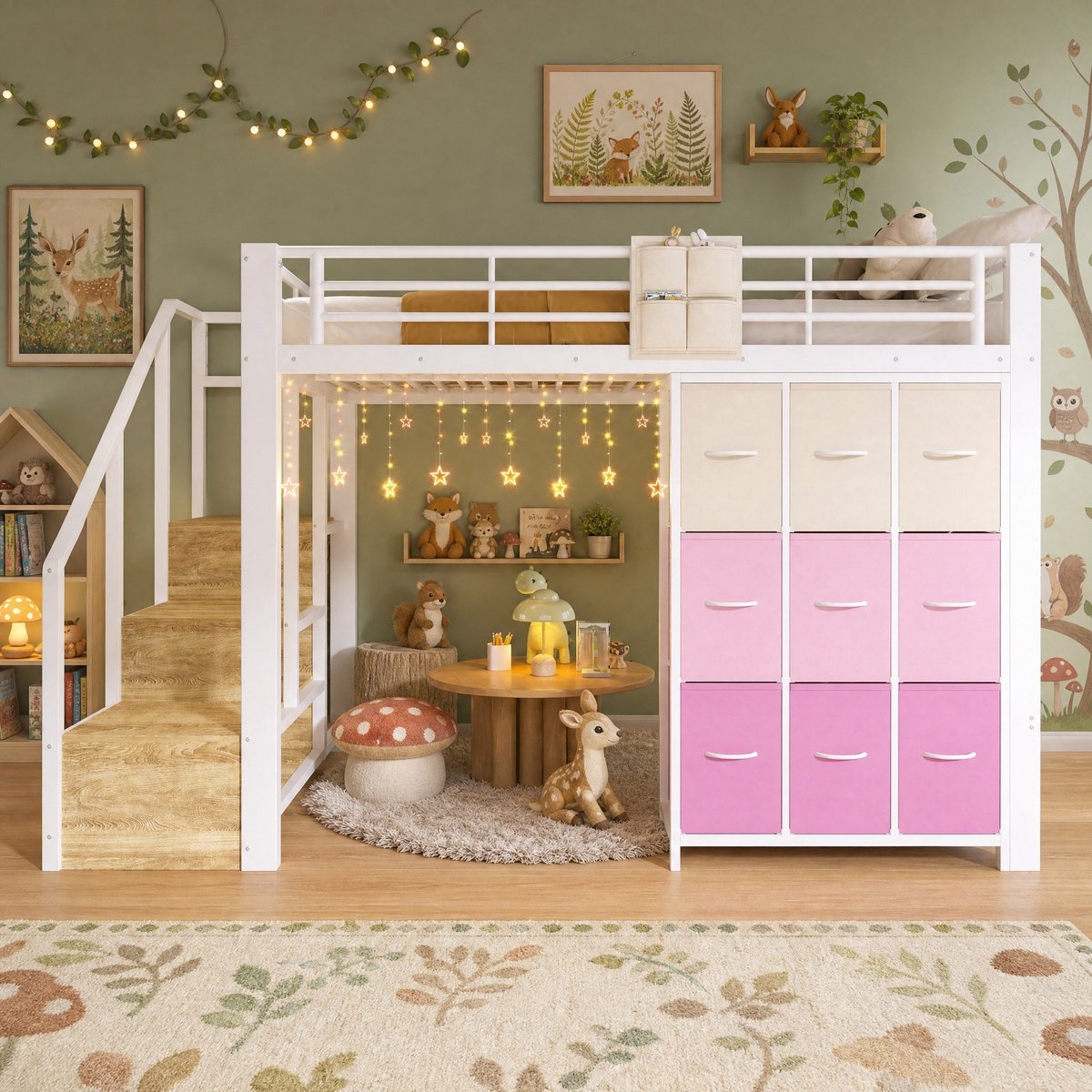 Wishdor Hoogslaper 140x200 cm - Metaal en MDF - Met trap, opbergruimte, kledingstang en uitvalbeveiliging - Wit - Zonder matras - Voor kinderen