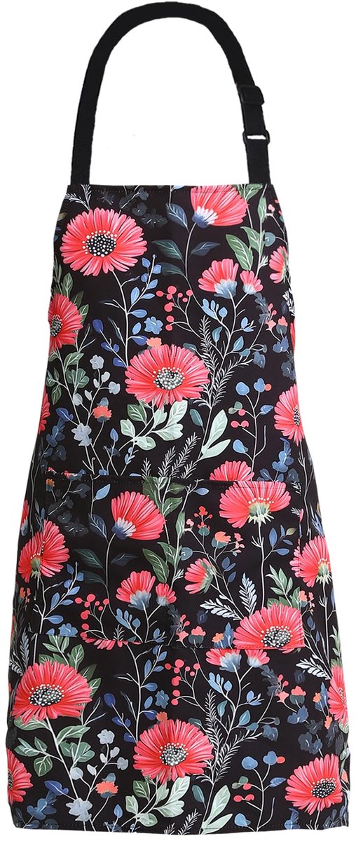 Verstelbare schort L - zwart met rode bloemen - 2 zakken - ideaal voor koken en tuinieren - ShopVlot